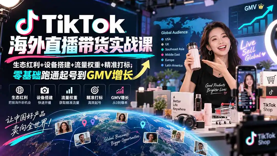 TikTok海外直播带货实战课|生态红利+设备搭建+流量权重+精准打标,零基础跑通起号到GMV增长-298资料
