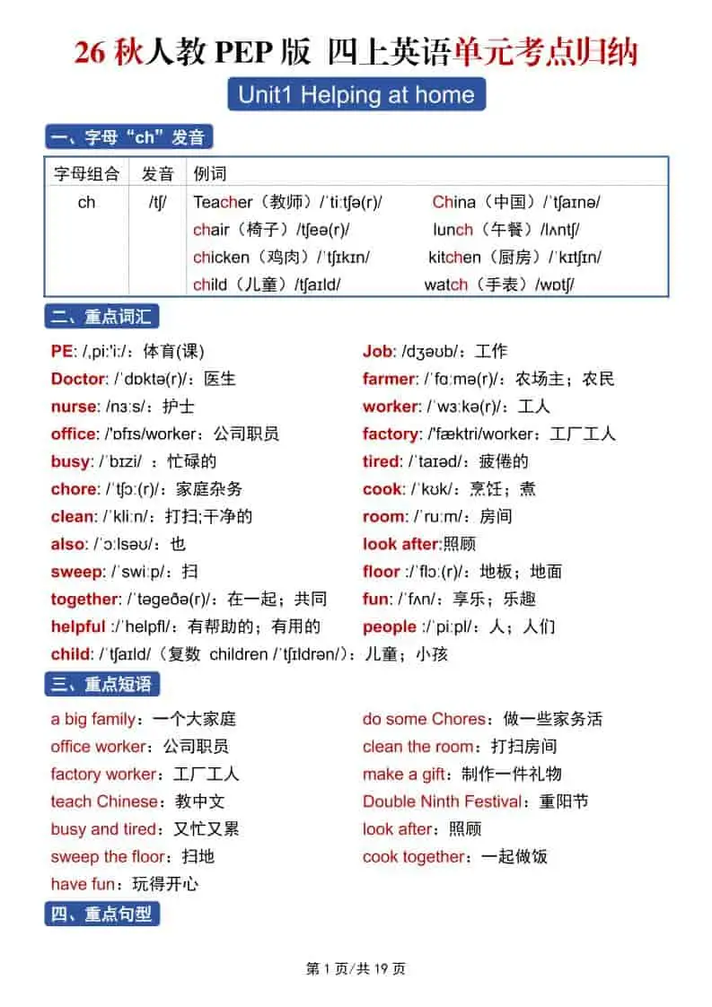 26秋人教PEP版四年级上册英语单元考点归纳19页-298资料