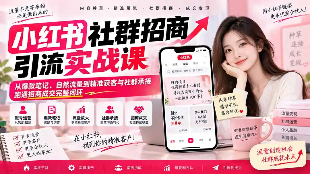 小红书社群招商引流实战课-无水印：从爆款笔记、自然流量到精准获客与社群承接，跑通招商成交完整闭环-298资料