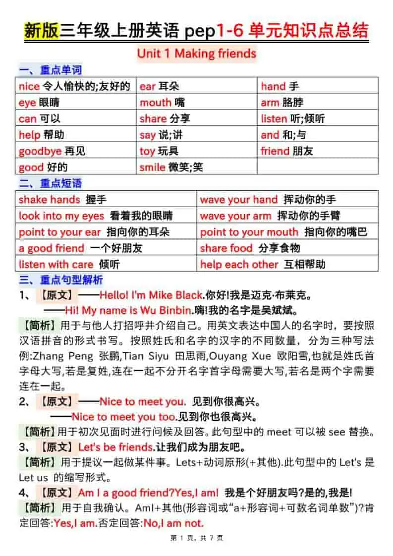 新版三年级上册英语1-6单元知识点总结（人教PEP）7页-298资料