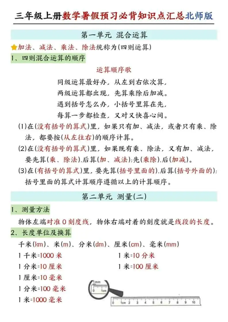 新三年级上册北师版数学暑假预习必背知识点汇总-298资料