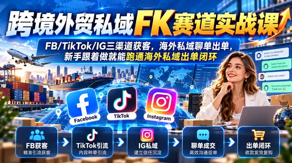 跨境外贸私域FK赛道实战课|FB/TikTok/IG三渠道获客,海外私域聊单出单,新手跟着做就能跑通海外私域出单闭环