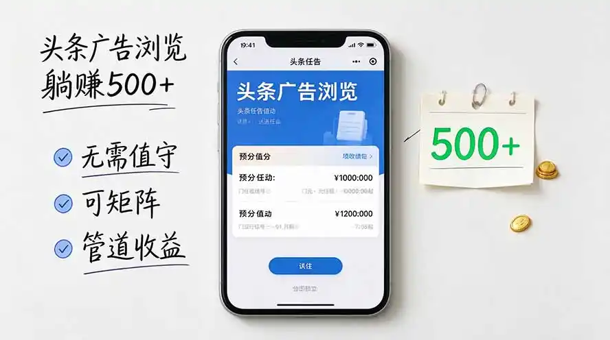 头条广告浏览躺赚500+无需值守，可矩阵并附有管道收益-298资料