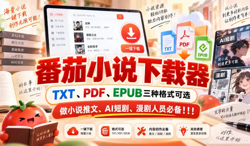 番茄小说下载器,TXT、PDF、EPUB三种格式可选,做小说推文、AI短剧、漫剧人员必备!!!-298资料
