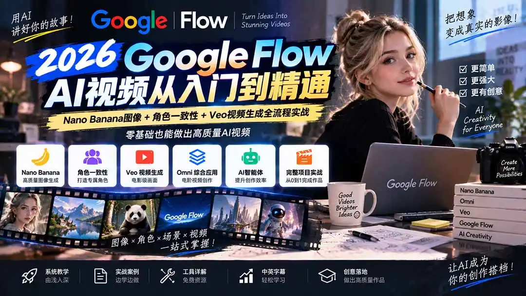 【无水印】Google Flow AI视频从入门到精通:Nano Banana图像+角色一致性+Veo视频生成全流程实战-精翻中英字幕-298资料