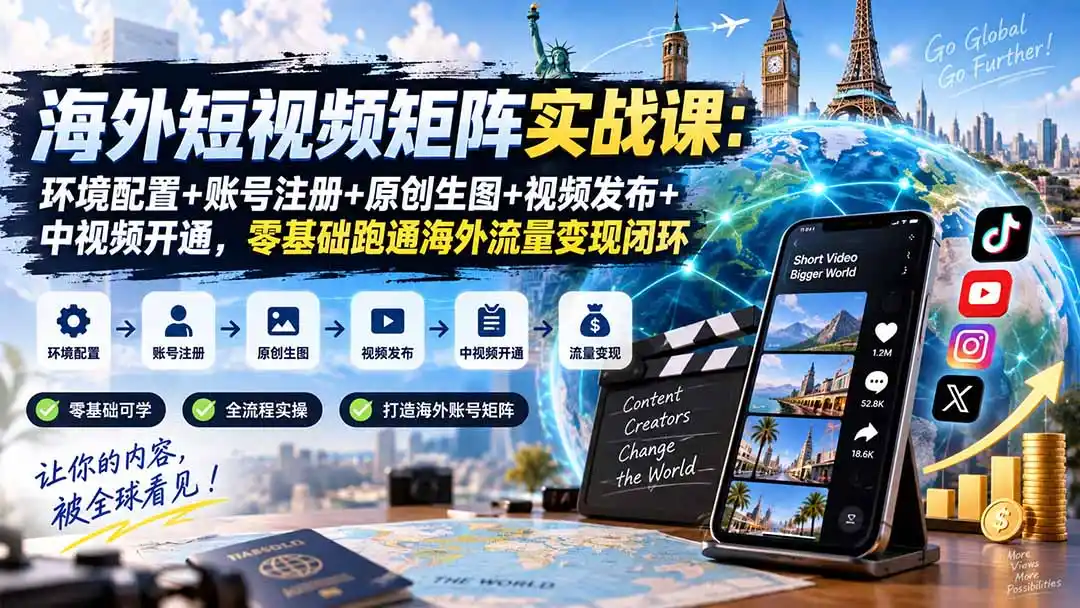 海外短视频矩阵实战课：环境配置+账号注册+原创生图+视频发布+中视频开通，零基础跑通海外流量变现闭环-298资料