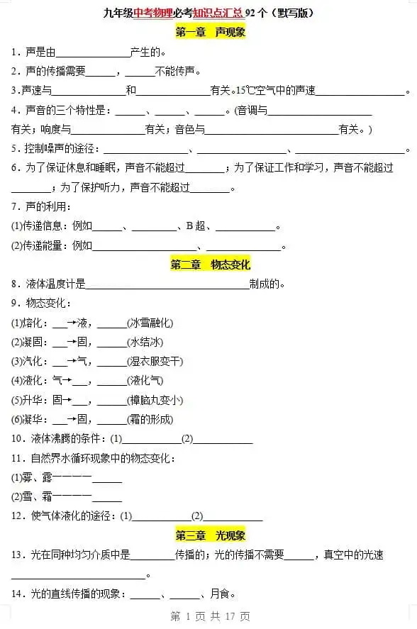 初中+中考物理必考知识点汇总92个-298资料