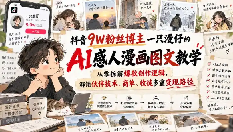 抖音9W粉丝博主一只漫仔的AI感人漫画图文教学，从零拆解爆款创作逻辑，解锁伙伴技术、商单、收徒多重变现路径-298资料